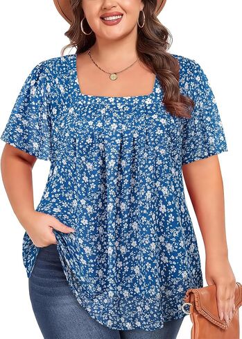Siddhe Plus Size Chiffon Tops for Women Short Sleeve Square Neck Summer Dressy Blouses Loose Tunic in Kuwait