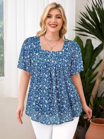 Siddhe Plus Size Chiffon Tops for Women Short Sleeve Square Neck Summer Dressy Blouses Loose Tunic in Kuwait