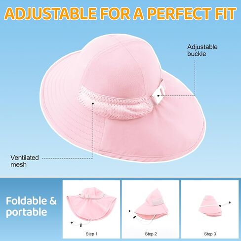 Bqubo Toddler Kids Sun Hat مع رفرف الرقبة UPF 50+ قبعات دلو واسعة الحافة قابلة للتعديل in Kuwait