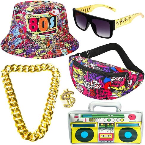 Gionforsy Hip Hop Costume Kit 80s 90s Outfits Accessories Rapper Accessories Bucket Hat Sunglasses Gold Chain Ring in Saudi Arabia