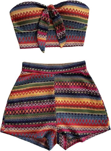 MakeMeChic Women's 2 Piece Outfits Tribal Print Knot Front Bandeau Crop Top and Shorts Boho Set in Saudi Arabia