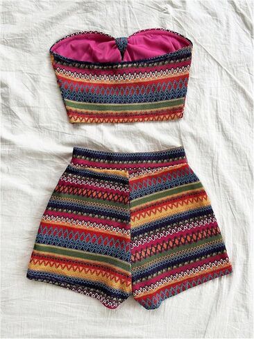 MakeMeChic Women's 2 Piece Outfits Tribal Print Knot Front Bandeau Crop Top and Shorts Boho Set in Saudi Arabia