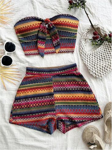 MakeMeChic Women's 2 Piece Outfits Tribal Print Knot Front Bandeau Crop Top and Shorts Boho Set in Saudi Arabia