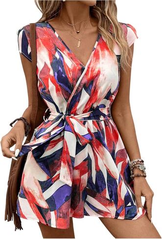 SweatyRocks Women's Printed Wrap Romper Cap Sleeve Wide Leg Short Jumpsuit with Belt in Saudi Arabia