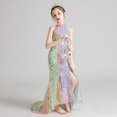 Little Girls Sequin Mermaid Dress Kids Long Tail Split Evening Dresses in Saudi Arabia