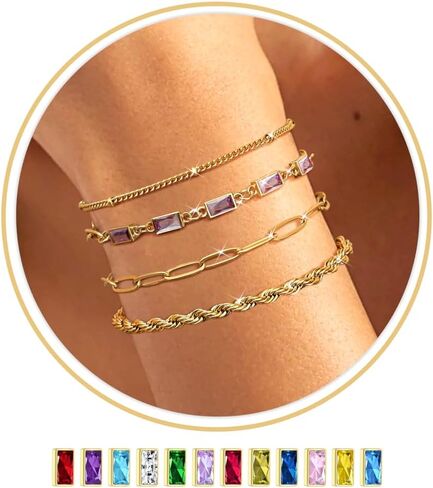 Sanfenly Gold Birthstone Bracelets for Women Waterproof Non Tarnish Dainty 14K Gold Plated Stackable Bracelet Emerald Green Friendship Bracelets Jewelry Gift for Mom in Kuwait