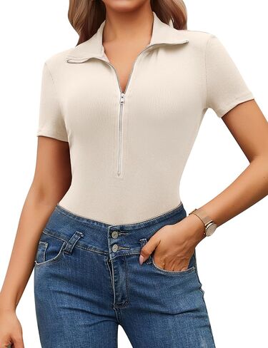 Blooming Jelly Womens Black Bodysuit Shirts Deep V Neck Zip Up Short Sleeve Summer Jumpsuit Ribbed Tight Tops 2024 Outfits in Saudi Arabia