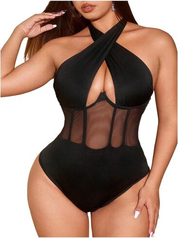 OYOANGLE Women's Plus Size Corset Bodysuit Cut Out Criss Cross Halter Sheer Body Suit Top in Kuwait