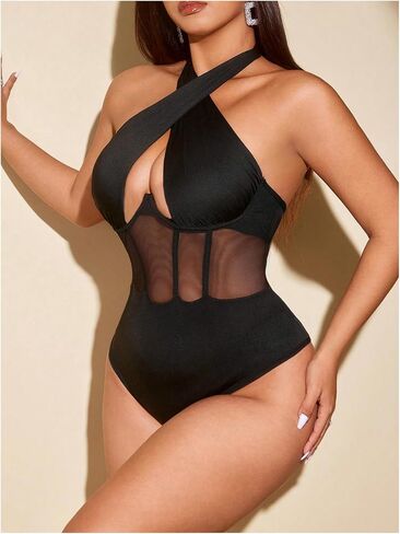 OYOANGLE Women's Plus Size Corset Bodysuit Cut Out Criss Cross Halter Sheer Body Suit Top in Kuwait