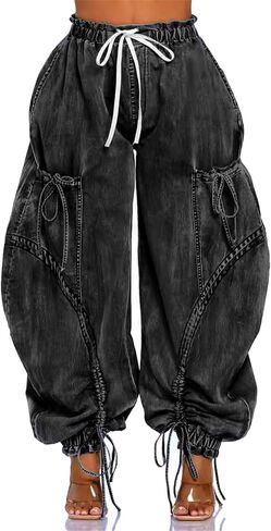 Tbahhir Baggy Cargo Jeans for Women High Waist Wide Leg Denim Pants Loose Harem Drawstring Jogger Sweatpants Trousers in Saudi Arabia