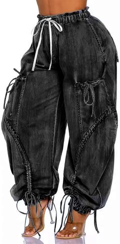 Tbahhir Baggy Cargo Jeans for Women High Waist Wide Leg Denim Pants Loose Harem Drawstring Jogger Sweatpants Trousers in Saudi Arabia