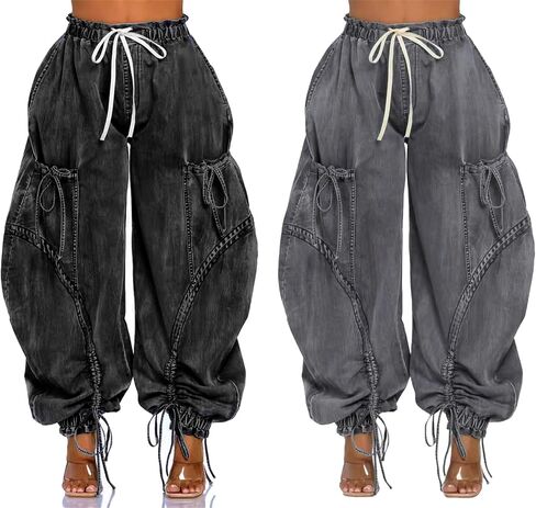 Tbahhir Baggy Cargo Jeans for Women High Waist Wide Leg Denim Pants Loose Harem Drawstring Jogger Sweatpants Trousers in Saudi Arabia