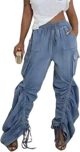Tbahhir Baggy Cargo Jeans for Women High Waist Wide Leg Denim Pants Loose Harem Drawstring Jogger Sweatpants Trousers in Saudi Arabia
