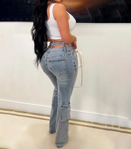 Vakkest Sexy High Waisted Skinny Jeans for Women Bodycon Crossover Stretchy Denim Cargo Pants Streetwear with Pockets in Saudi Arabia