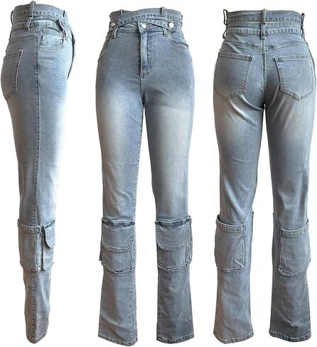 Vakkest Sexy High Waisted Skinny Jeans for Women Bodycon Crossover Stretchy Denim Cargo Pants Streetwear with Pockets in Saudi Arabia