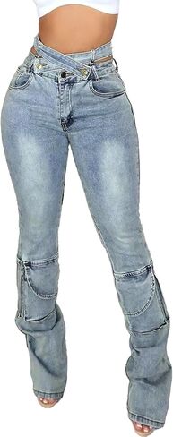 Vakkest Sexy High Waisted Skinny Jeans for Women Bodycon Crossover Stretchy Denim Cargo Pants Streetwear with Pockets in Saudi Arabia