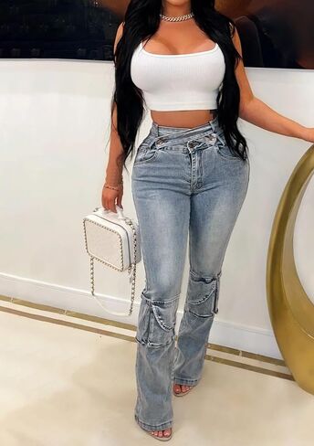 Vakkest Sexy High Waisted Skinny Jeans for Women Bodycon Crossover Stretchy Denim Cargo Pants Streetwear with Pockets in Saudi Arabia