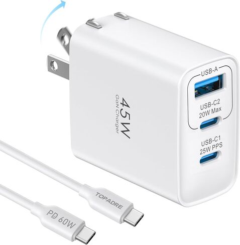 كتلة شاحن USB C بقدرة 65 وات، شاحن حائط 3 منافذ GaN قابل للطي من النوع C، شحن سريع لأجهزة MacBook Pro/Air، iPad Pro/Air، iPhone 15/15 Pro/15 Pro Max، لهاتف Samsung Galaxy S24/S23، أبيض in Kuwait