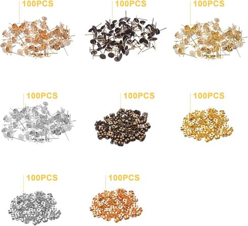300pcs Stainless Earring Posts Flat Pads with 300pcs Clear Bullet Earring Backs for Jewelry Making,Gold Silver Bronze in Saudi Arabia