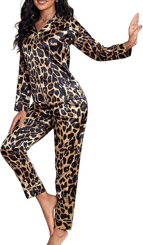 WDIRARA Women's Bear Print 2 Piece Contrast Piping Shirt and Pants Satin Pajama Set in Saudi Arabia