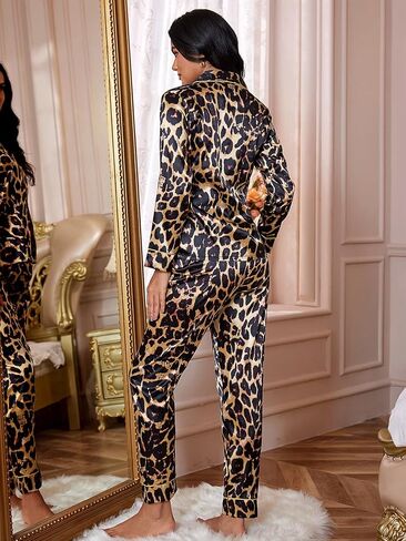 WDIRARA Women's Bear Print 2 Piece Contrast Piping Shirt and Pants Satin Pajama Set in Saudi Arabia