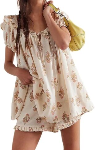 NUFIWI Women Floral Babydoll Tops 2 Piece Lounge Sets Square Neck Puffy Short Sleeves Peplum Shirt and Shorts Pajams Suits in Saudi Arabia