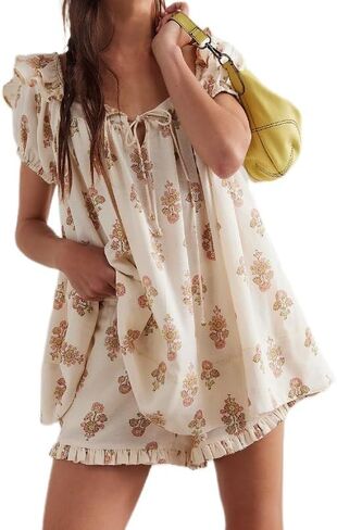 NUFIWI Women Floral Babydoll Tops 2 Piece Lounge Sets Square Neck Puffy Short Sleeves Peplum Shirt and Shorts Pajams Suits in Saudi Arabia