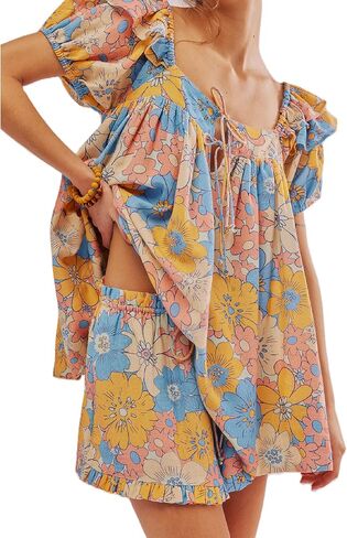 Nufiwi Women Floral Babydoll Tops 2 قطعة صالة مجموعات مربعة رقبة منتفخة قميص قصير peplum و Sorts Pajams بدلات in Saudi Arabia