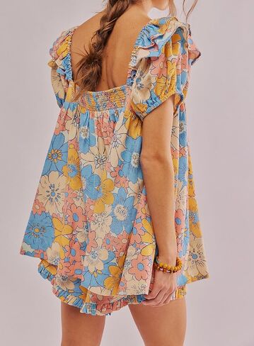 Nufiwi Women Floral Babydoll Tops 2 قطعة صالة مجموعات مربعة رقبة منتفخة قميص قصير peplum و Sorts Pajams بدلات in Saudi Arabia