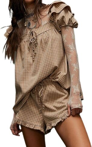 NUFIWI Women Floral Babydoll Tops 2 Piece Lounge Sets Square Neck Puffy Short Sleeves Peplum Shirt and Shorts Pajams Suits in Saudi Arabia