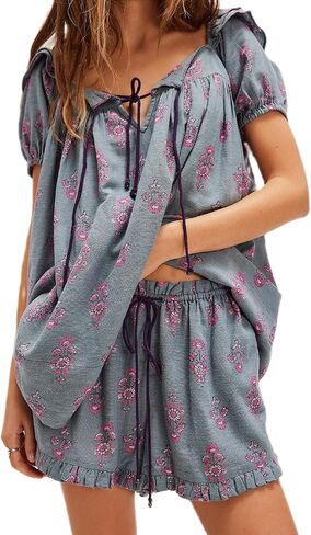 NUFIWI Women Floral Babydoll Tops 2 Piece Lounge Sets Square Neck Puffy Short Sleeves Peplum Shirt and Shorts Pajams Suits in Saudi Arabia