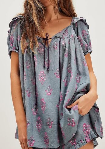 NUFIWI Women Floral Babydoll Tops 2 Piece Lounge Sets Square Neck Puffy Short Sleeves Peplum Shirt and Shorts Pajams Suits in Saudi Arabia