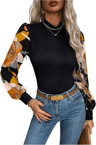 SOLY HUX Women's Striped Bishop Long Sleeve Mock Neck T Shirt Rib Knit Tee Top in Saudi Arabia