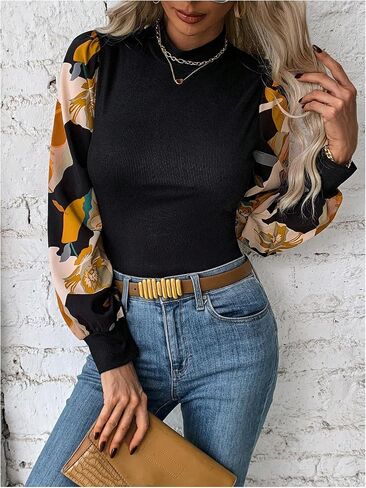 SOLY HUX Women's Striped Bishop Long Sleeve Mock Neck T Shirt Rib Knit Tee Top in Saudi Arabia