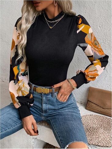SOLY HUX Women's Striped Bishop Long Sleeve Mock Neck T Shirt Rib Knit Tee Top in Saudi Arabia