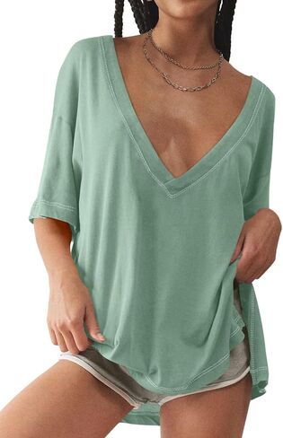 Tankaneo Womens Oversized Tshirts Deep V Neck Short Sleeve Tops Summer Casual Loose Fit Side Slit Tunic Shirts in Kuwait