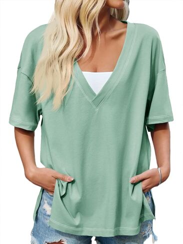 Tankaneo Womens Oversized Tshirts Deep V Neck Short Sleeve Tops Summer Casual Loose Fit Side Slit Tunic Shirts in Kuwait
