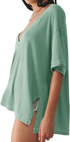 Tankaneo Womens Oversized Tshirts Deep V Neck Short Sleeve Tops Summer Casual Loose Fit Side Slit Tunic Shirts in Kuwait