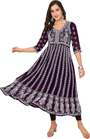 Women's Georgette Chikankari Embroidered Anarkali Kurta in Kuwait