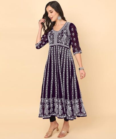 Women's Georgette Chikankari Embroidered Anarkali Kurta in Kuwait
