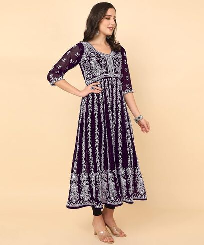 Women's Georgette Chikankari Embroidered Anarkali Kurta in Kuwait