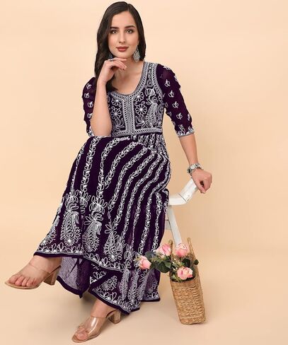 Women's Georgette Chikankari Embroidered Anarkali Kurta in Kuwait