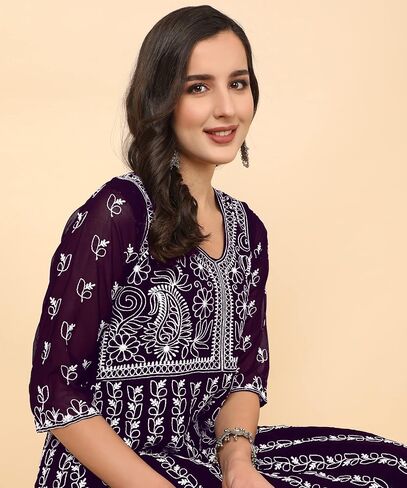 Women's Georgette Chikankari Embroidered Anarkali Kurta in Kuwait