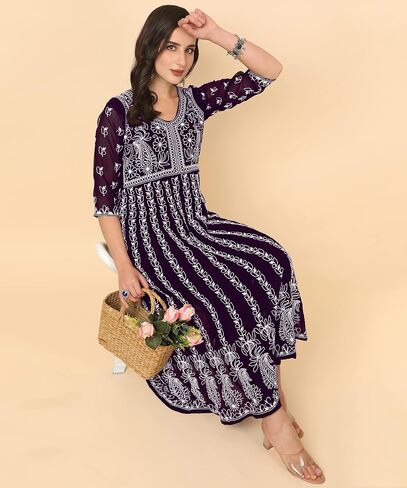 Women's Georgette Chikankari Embroidered Anarkali Kurta in Kuwait