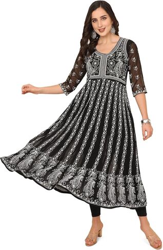 Women's Georgette Chikankari Embroidered Anarkali Kurta in Kuwait