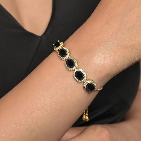Gem Stone King 18K Yellow Gold Plated Silver 9X7MM Oval Gemstone Birthstone 5-Stone Tennis Bracelet For Women | Fully Adjustable Up to 9 Inch in Kuwait