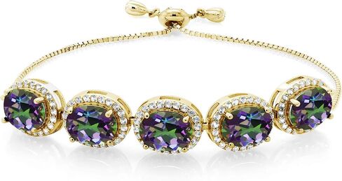 Gem Stone King 18K Yellow Gold Plated Silver 9X7MM Oval Gemstone Birthstone 5-Stone Tennis Bracelet For Women | Fully Adjustable Up to 9 Inch in Kuwait