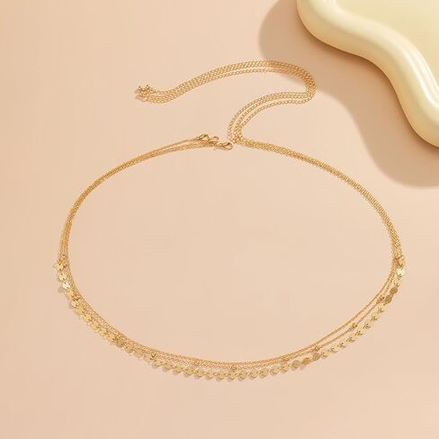 سلسلة بطن مطلية بالذهب 14K ، سلسلة الخصر الذهبية للنساء لسلسلة الخرز الأقمار الصناعية المقاومة للماء القابلة للتعديل in Kuwait