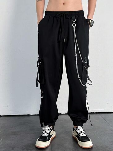 GORGLITTER Men's Chain Cargo Pants Flap Pocket Drawstring Waist Long Street Pants in Saudi Arabia