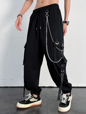 GORGLITTER Men's Chain Cargo Pants Flap Pocket Drawstring Waist Long Street Pants in Saudi Arabia